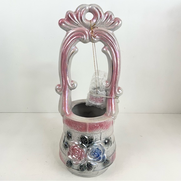 Vintage Mid Century Lusterware Pink Floral Wishing Well Planter & Water Bucket - Picture 7 of 16